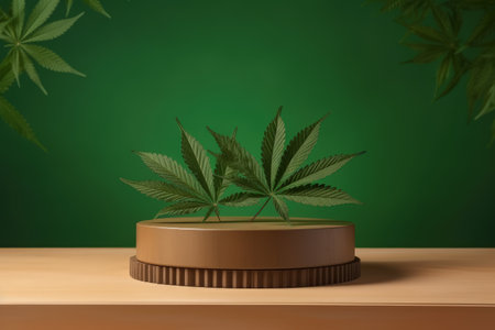 CBD product display with wooden box podium and green cannabis leaf backgroundの素材