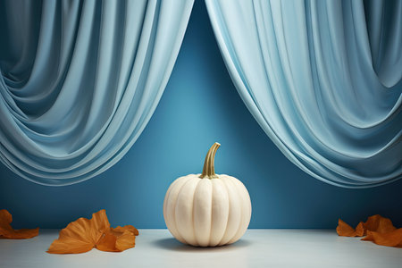 Autumn themed product display featuring orange gourd and blue curtain on podium for Halloweenの素材