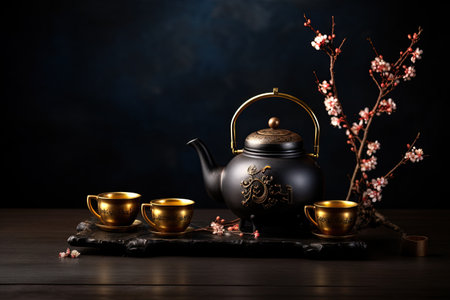 Asian tea set with teapot pouring into cups on dark backgroundの素材