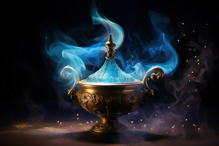 Blue genie in magic lamp symbolizes wishes luck and magicの素材