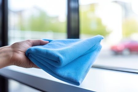 Blue cleaning cloth used to remove dust from window railの素材