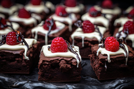 Brownies topped with lingonberries and cream cheese for Halloweenの素材