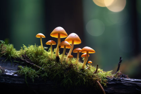 Closeup of mushrooms growing on a tree trunk surrounded by green moss and a dark forest background Mの素材