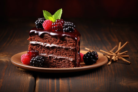 Chocolate cake with icing and fresh berry on a wooden backgroundの素材