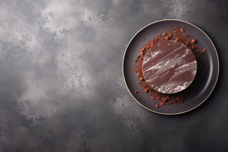Chocolate cake on plate Grey stone backdrop Copy space Overhead perspectiveの素材
