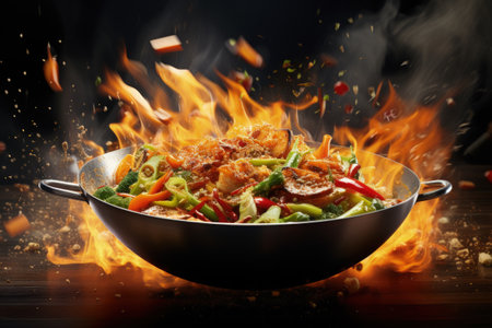 Capture the movement of ingredients and flames in a panの素材