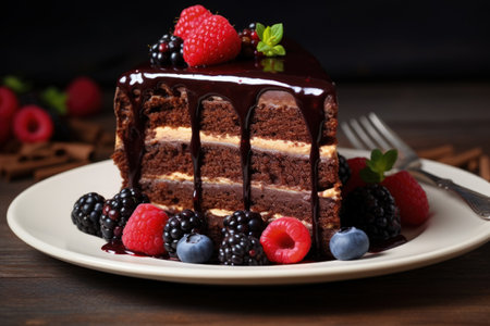 Chocolate cake with berries and sauceの素材