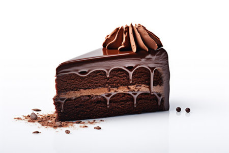 Curled chocolate cake slice on whiteの素材