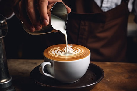 Creating latte art with a vintage aesthetic by a skilled barista using milk and coffeeの素材
