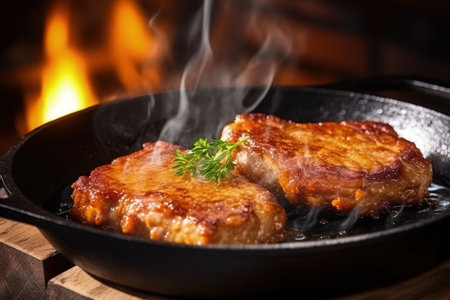 Close up view of pork steak fryingの素材