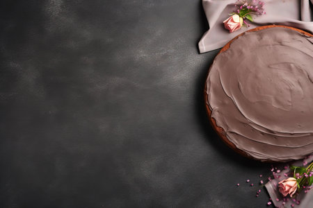 Chocolate cake with napkin on dark backgroundの素材