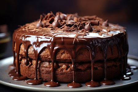 Closeup of chocolate cake on tableの素材