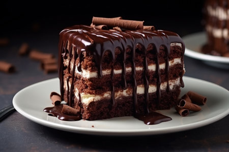 Closeup of chocolate cake on tableの素材