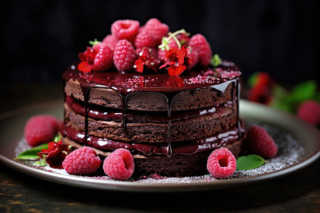 chocolate cake topped with raspberries on plateの素材
