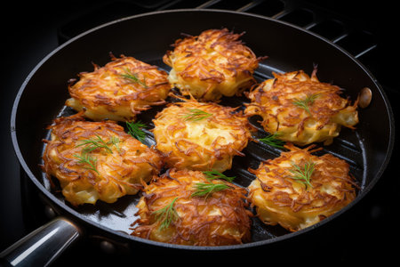 Cooking latkes in deep oil on the pan with the top side facing upwardの素材