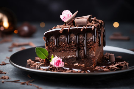 Delicious chocolate cake on a gray surfaceの素材