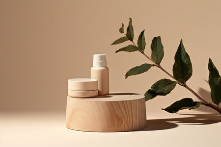 Empty wooden pedestal on which cosmetics products are displayed at a cosmetic exhibition with creamの素材