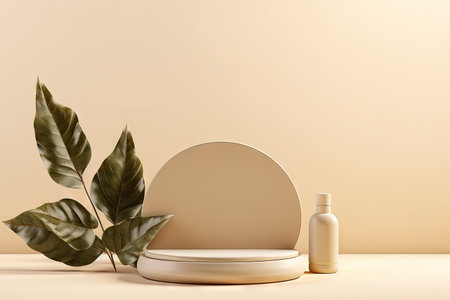 Leafy podium for showcasing cosmetics on a beige monochrome background ideal for branding and packagの素材