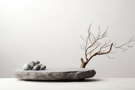 Natural grey stone podium on white background with product display and vase of dry branches Front viの素材