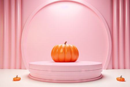 Product podium with Halloween pumpkin decor in pastel pink and orange colors devoid of objectsの素材