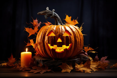 Pumpkin lantern with dried leaves on black background on Halloweenの素材
