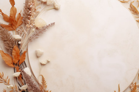 Natural elements such as grass leaves and flowers frame a white marble podium representing beauty anの素材