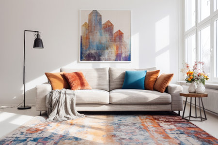 Patterned carpet in living room with sofa against white wallの素材