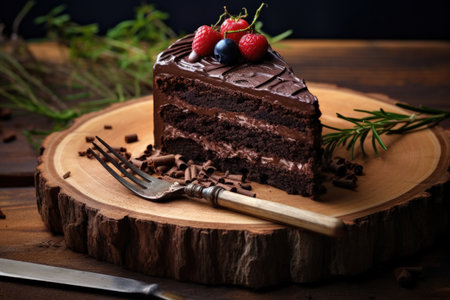 Rustic style wooden cutting board with homemade chocolate cakeの素材