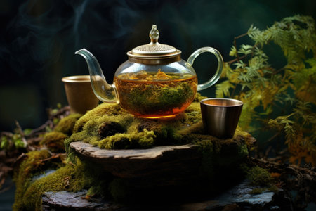 Tea poured from a teapot into a mug on a podium surrounded by plants and moss Autumn or herbal blendの素材