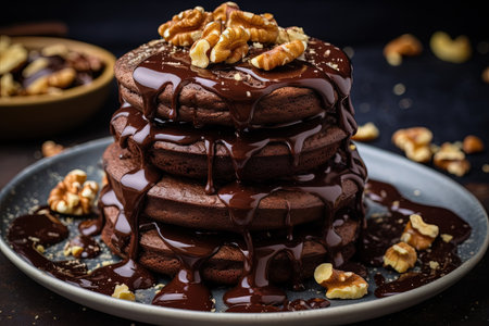 Stacked chocolate brownie cakes with walnuts and a melted chocolate toppingの素材