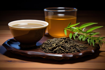 Roasted green tea hojicha and leaves for tea ceremonyの素材