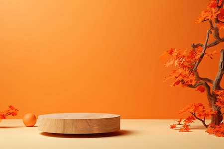 Wooden stand on orange background with rowan berries Concept scene for showcasing beauty products Emの素材