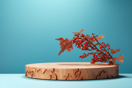 Wooden podium with autumn rowan berries on blue background Concept scene for product promotion preseの素材