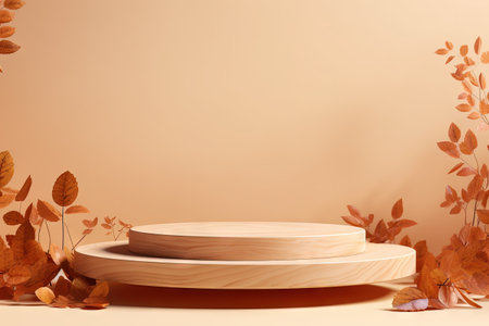 Wooden autumn podium adorned with foliage serves as a minimalist backdrop for showcasing goods and cの素材