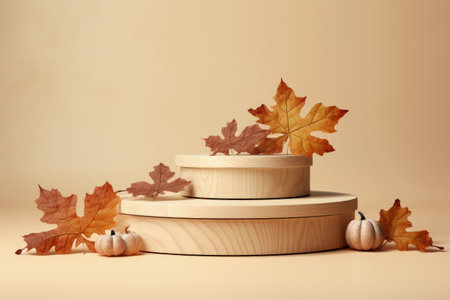 Wooden podiums decor and autumn foliage against beige backdropの素材
