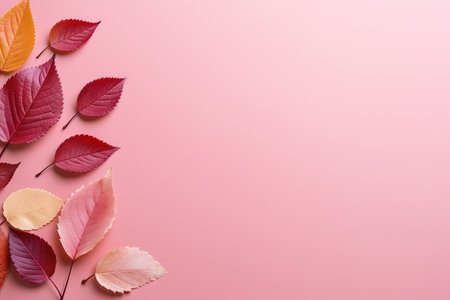 Autumn leaves in various colors on a pink backdrop with free space nearbyの素材