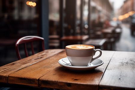 Coffee cup on wooden table in coffee shop, stock photoの素材