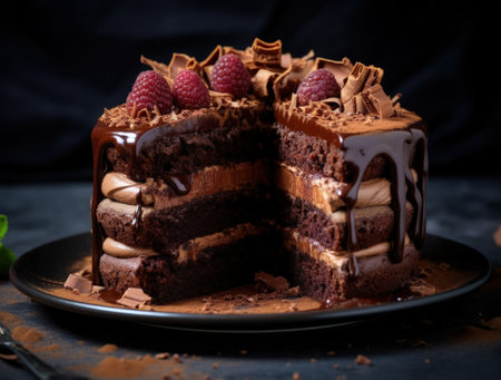 Dark background with chocolate cakeの素材