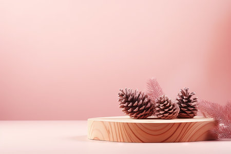 Cosmetic product mockup with natural cedar pine cones on wooden podium against pastel pink backgrounの素材