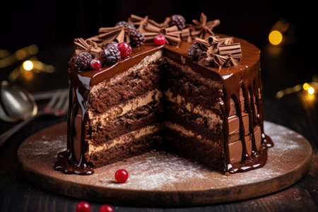 Chocolate cake sliced and decorated in sectionsの素材