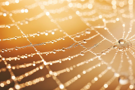 Close up of spider web plants and dew drops Natural pattern against golden backdrop with soft sunligの素材