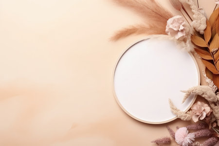 Dry natural grass leaves flowers and white marble podium on beige background beauty and fashion concの素材