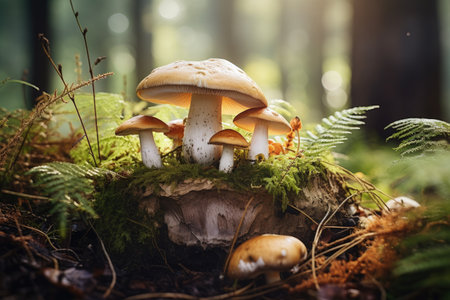 Forest mycelium in moss with big bolete mushrooms during mushroom harvesting season Fungal plantの素材
