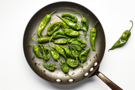 Frying pan with raw Padron Peppers on white backgroundの素材