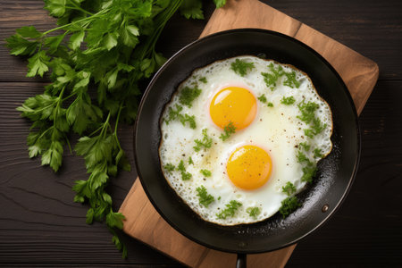 Egg dish cooked on a pan seen from aboveの素材