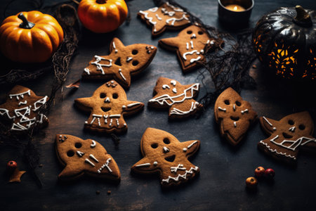 Gingerbread cookies for Halloween on dark backdropの素材