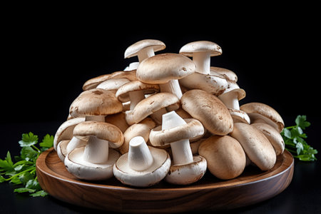 Fresh champignons being cooked on a black backgroundの素材