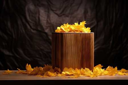 Fall themed backdrop with wooden platform dried yellow foliage Ideal for showcasing perfumes jewelryの素材