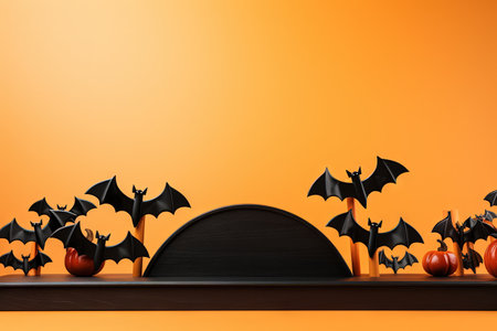 Front view mockup featuring a wooden podium with black paper bats against a bright orange backgroundの素材