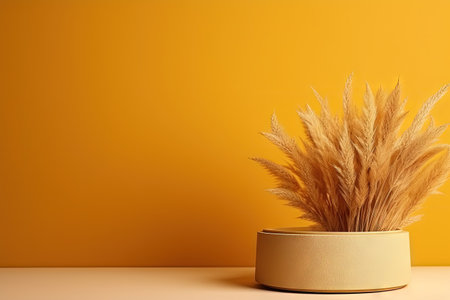 Fall themed pedestal and stand mockup with pampas grass on brown or yellow background blank spaceの素材